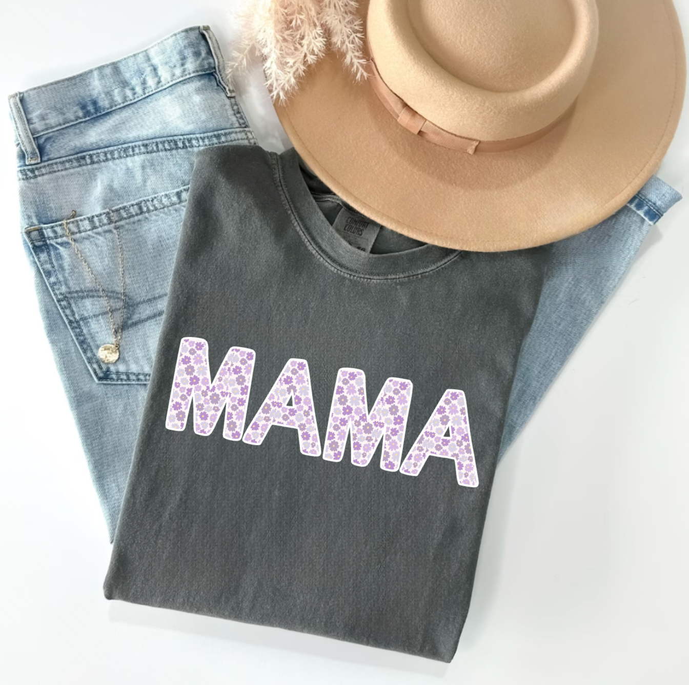 Mama Floral Grey and Purple T-Shirt