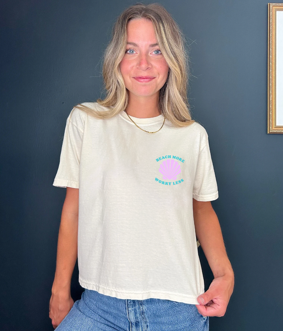 Beach More Worry Less Tan Cropped Summer T-Shirt