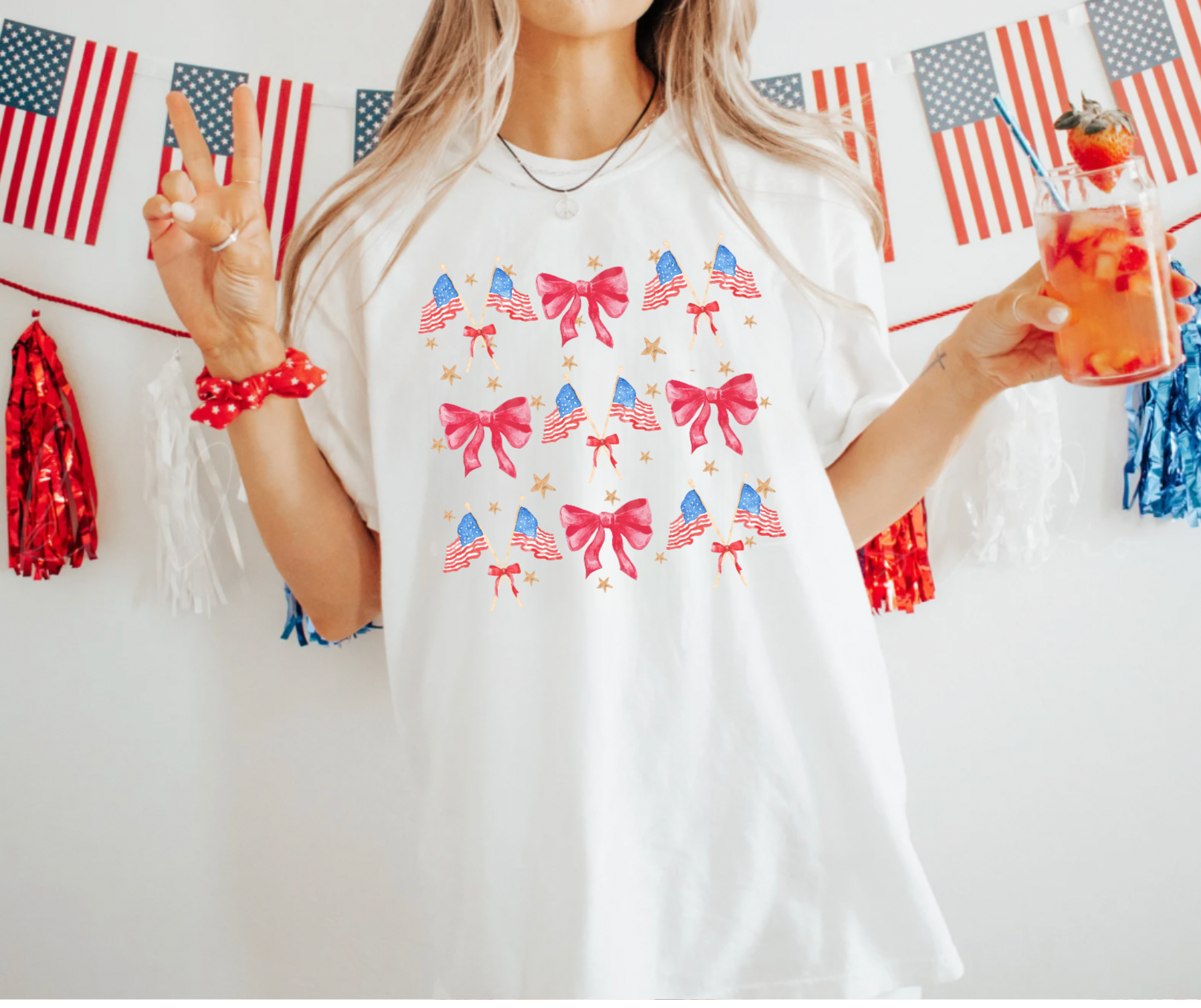 Fourth of July Red Bow and Flag T-Shirt