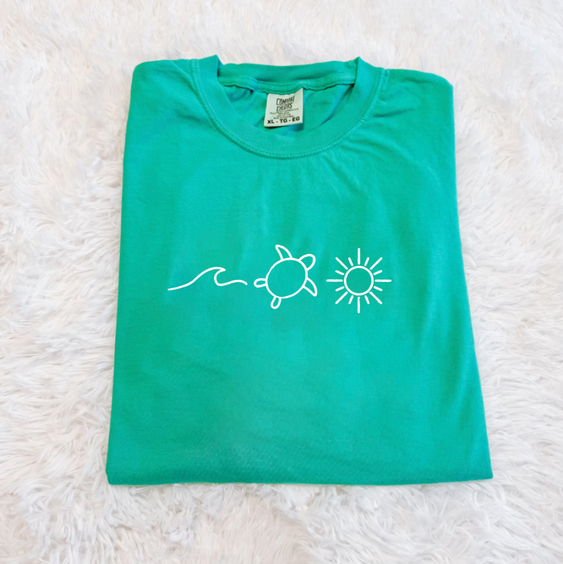 Waves Turtle Sun Beach Oversized Teal Summer T-Shirt