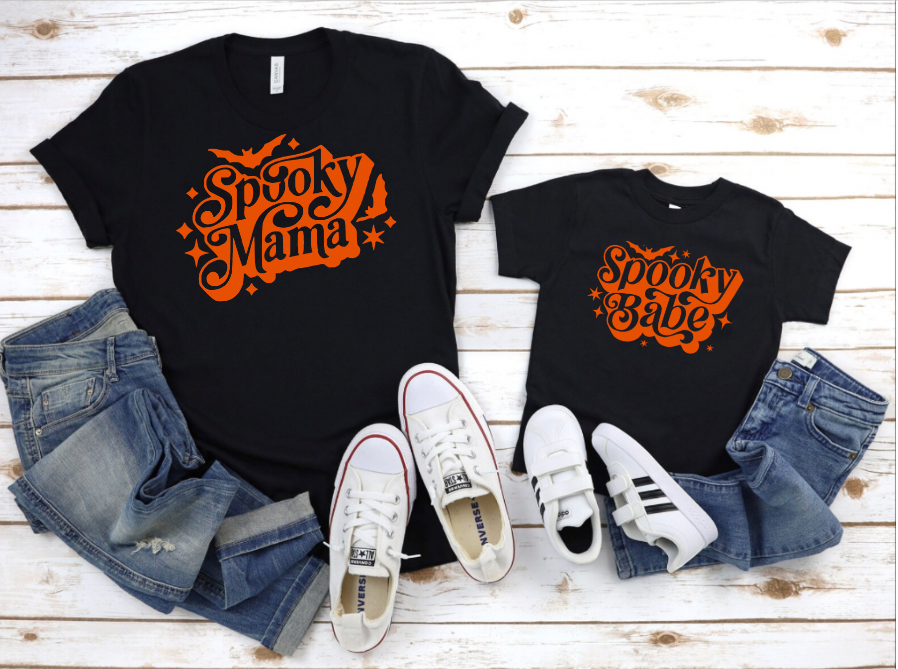 Spooky Mama Spooky Babe Mommy and Me Matching Black Halloween Shirts for Babies, Toddlers, and Kids