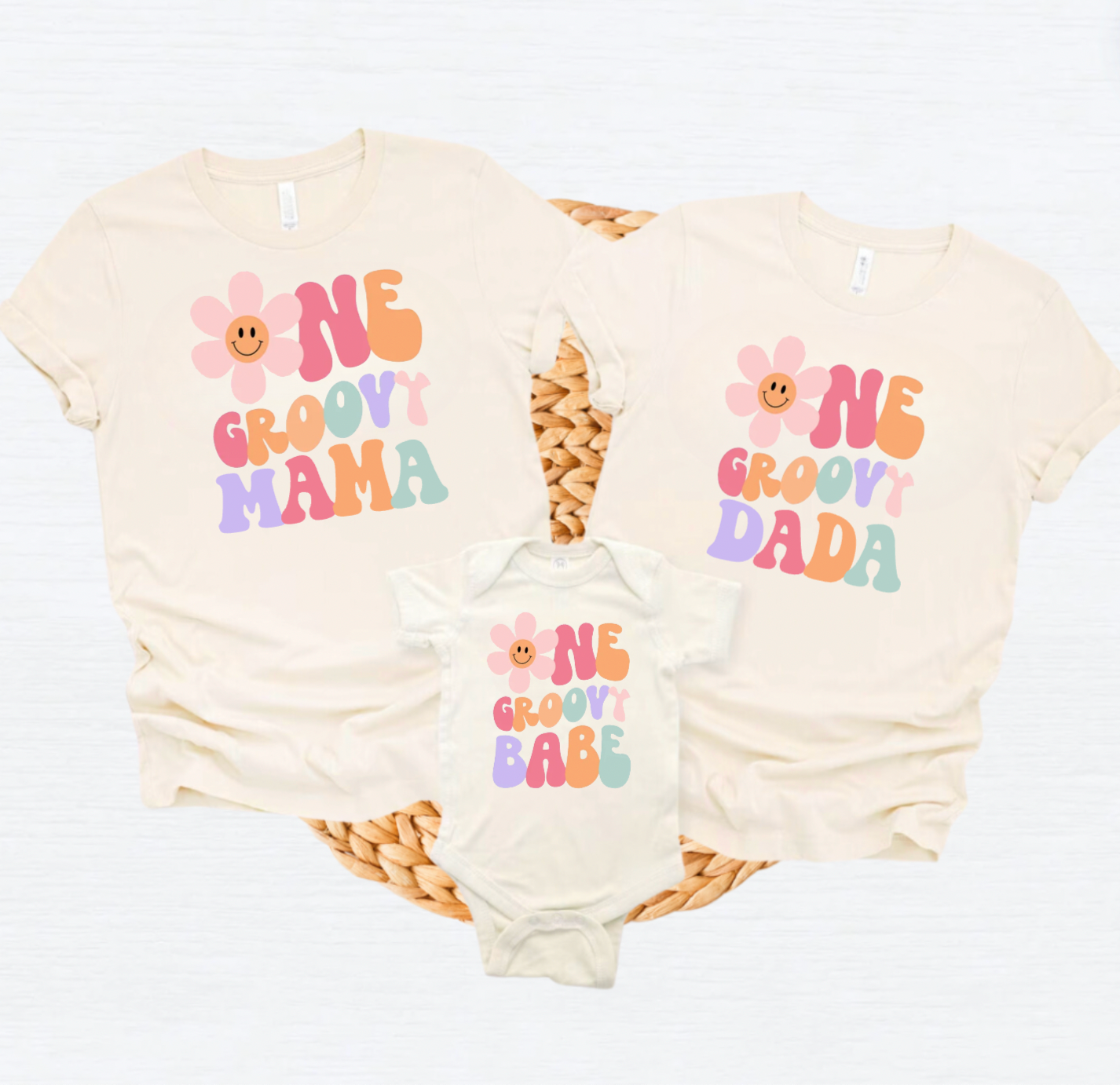 ONE Groovy Babe First Birthday Natural Colored Shirt and Matching Shirts for Baby and Parents