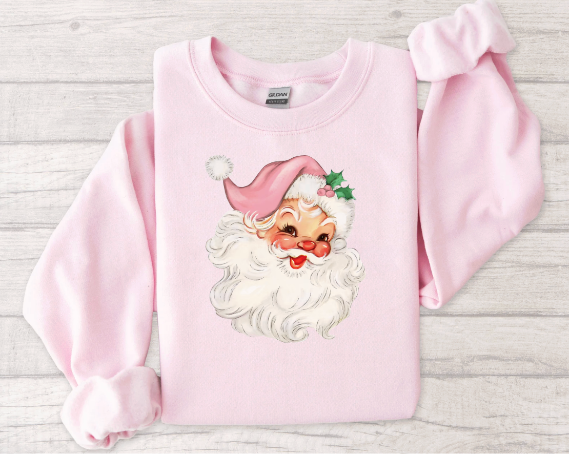 Pink Vintage Santa Christmas Crewneck – Retro Holiday Sweatshirt
