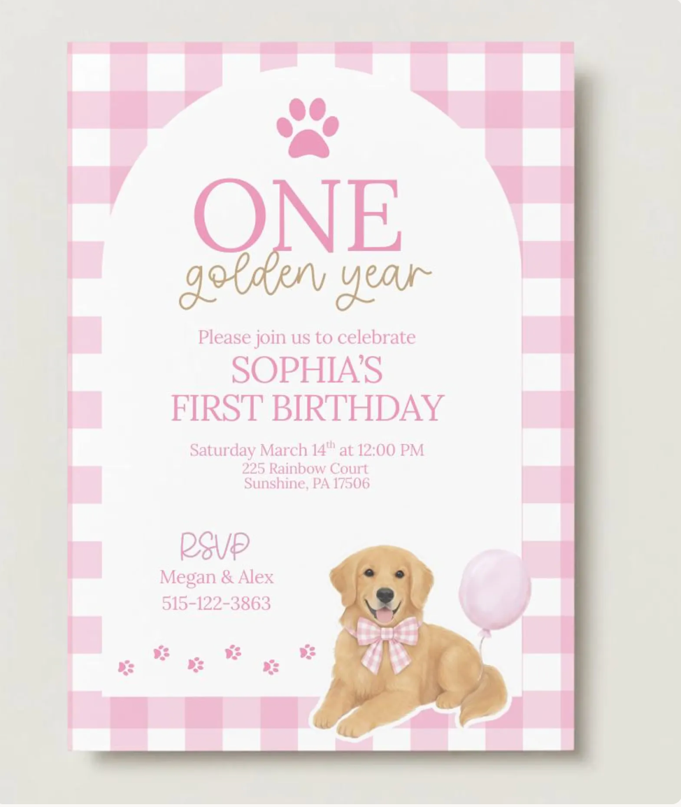 One Golden Year Pink First Birthday Invitation Template, 1st Birthday Dog Invite, Editable Birthday Invite Template, Digital Template