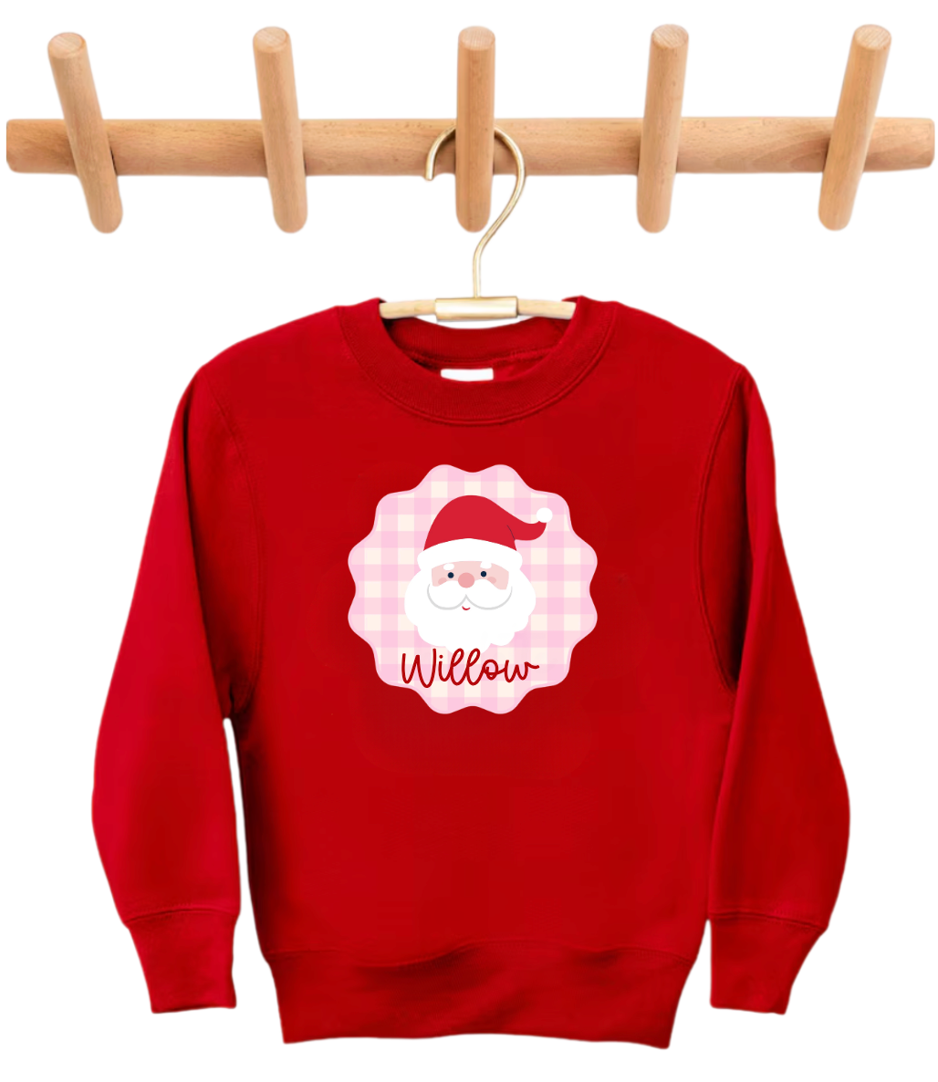 Personalized Santa Pink Gingham Christmas Crewneck for Kids – Custom Holiday Sweatshirt