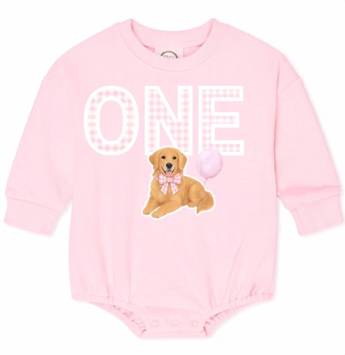 First Birthday Golden Retriever Pink Gingham Romper, Dog First Birthday Outfit, ONE Birthday Shirt Girl, Golden Retriever Birthday for Girl