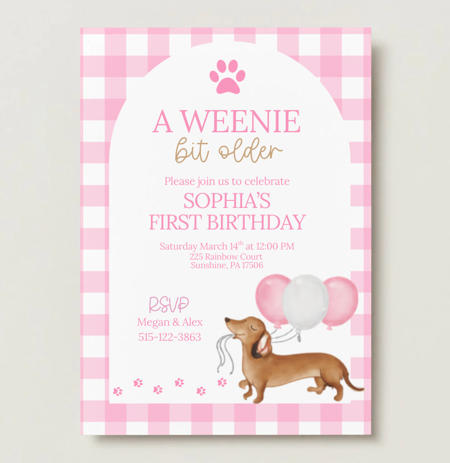 A Weenie Bit Older Birthday Invitation Template, Dachshund First Birthday Invite, Puppy Birthday Editable Invitation