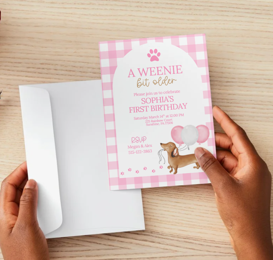 A Weenie Bit Older Birthday Invitation Template, Dachshund First Birthday Invite, Puppy Birthday Editable Invitation