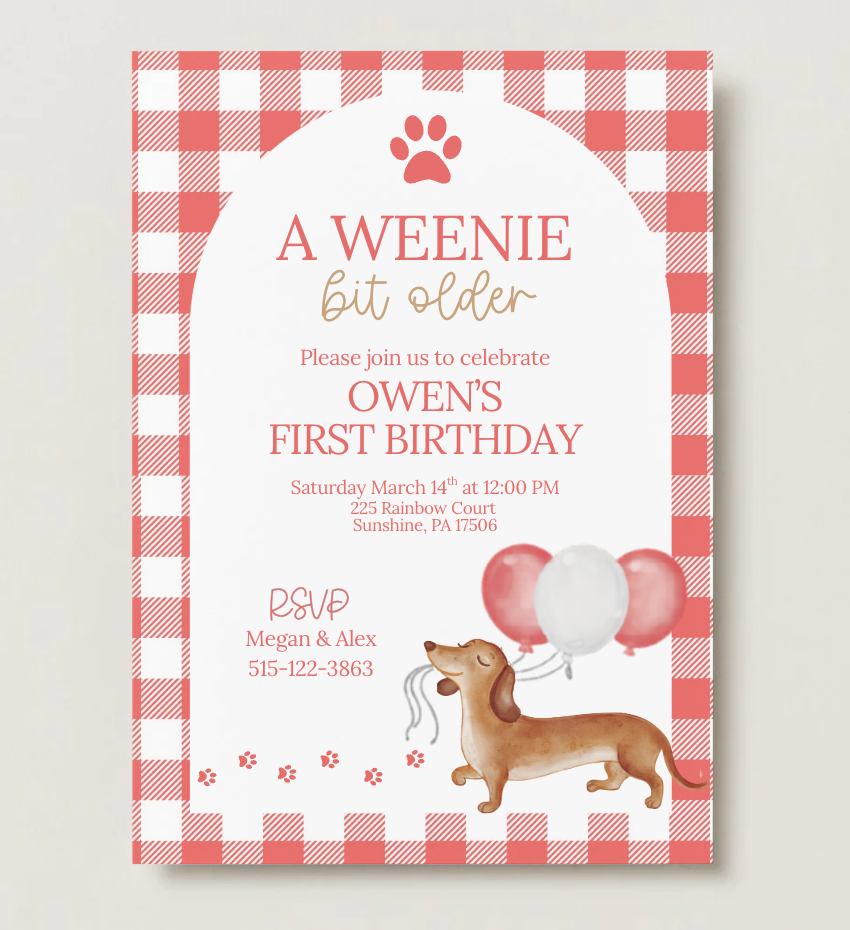 A Weenie Bit Older Birthday Invitation Template, Dachshund First Birthday Invite, Puppy Birthday Editable Invitation