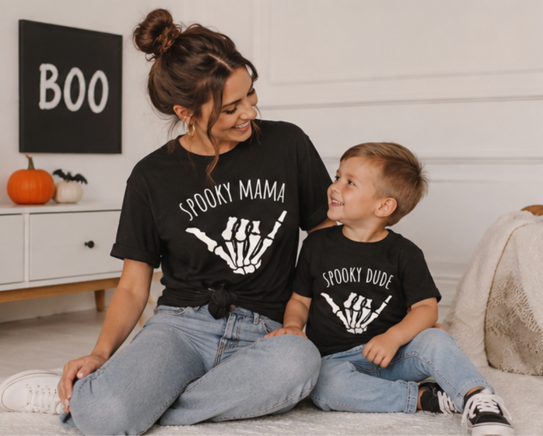Spooky Mama Spooky Dude Mommy and Me Matching Black Halloween Shirts