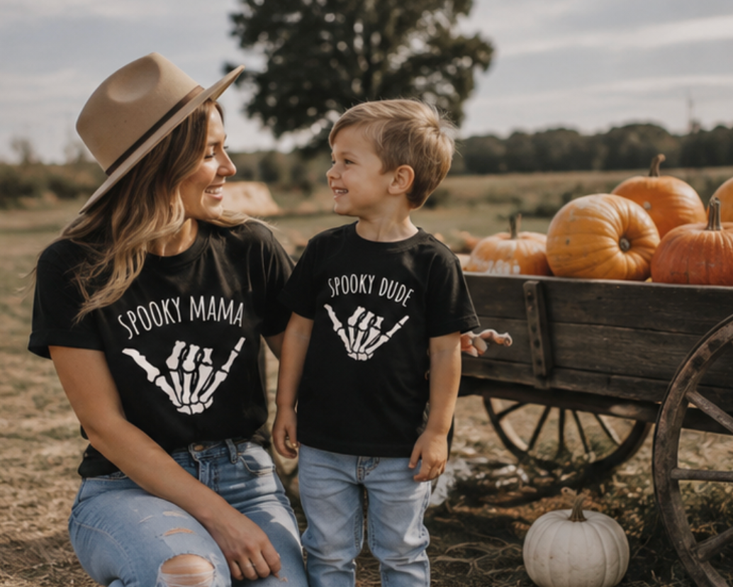 Spooky Mama Spooky Dude Mommy and Me Matching Black Halloween Shirts
