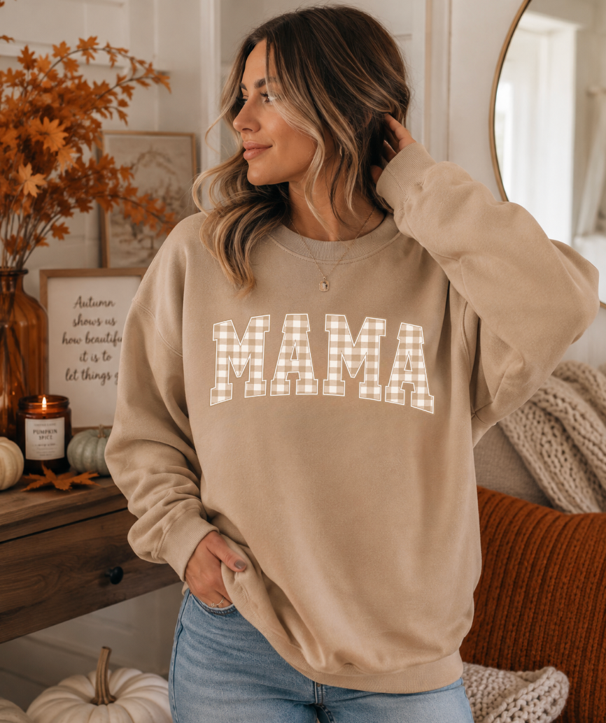 Tan Mama Plaid Sweatshirt | Fall Mama Sweatshirt | Thanksgiving Mom Shirt | Cozy Autumn Pullover | Neutral Mama Crewneck