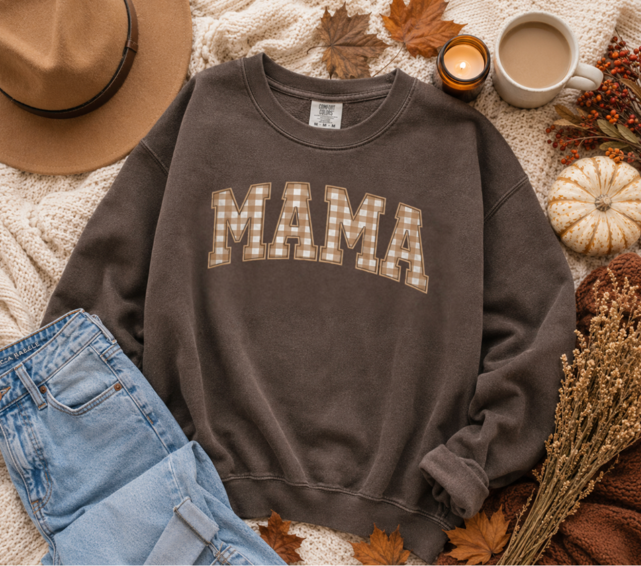 Light Chocolate Espresso Mama Plaid Sweatshirt | Fall Mama Sweatshirt | Thanksgiving Mom Shirt | Cozy Autumn Pullover | Neutral Mama Crewneck