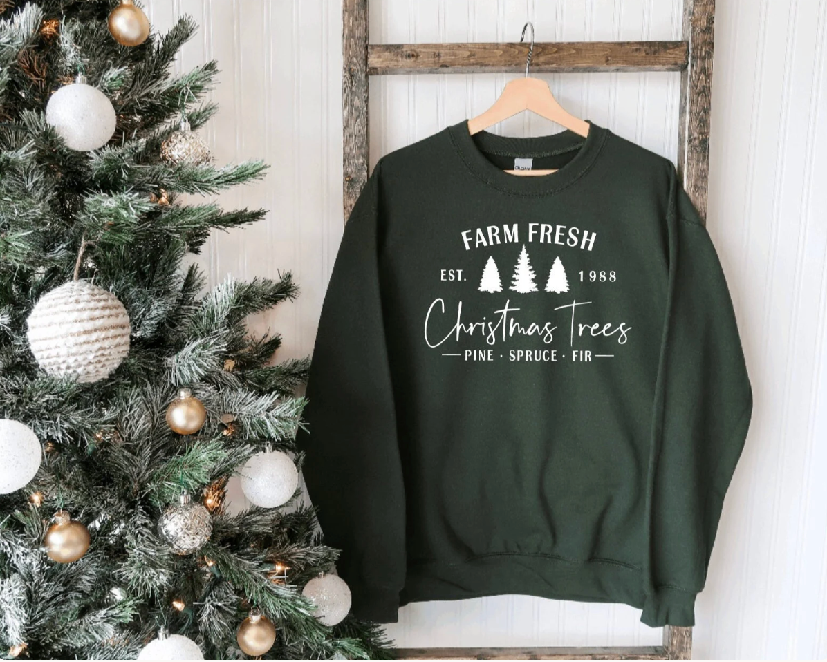 Farm Fresh Christmas Trees Sweatshirt, Christmas Tree Farm Crewneck, Cozy Holiday Sweatshirt, Christmas Graphic Pullover