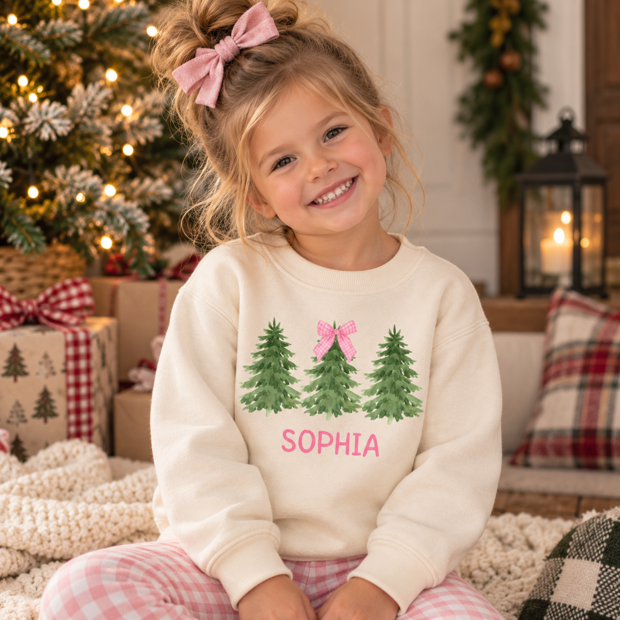 Personalized Christmas Tree Bow Neutral Long Sleeve Crewneck Shirt for Girls – Custom Holiday Shirt