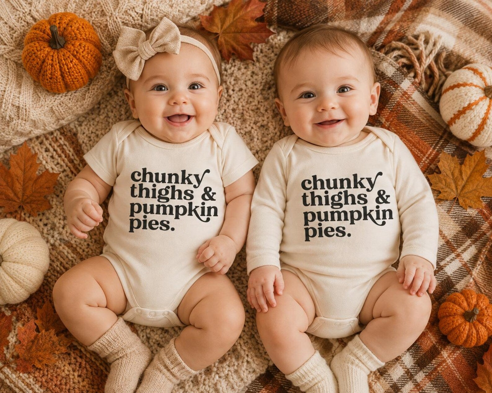 Chunk Thighs & Pumpkin Pies Natural Short Sleeve Fall Outfit for Kids