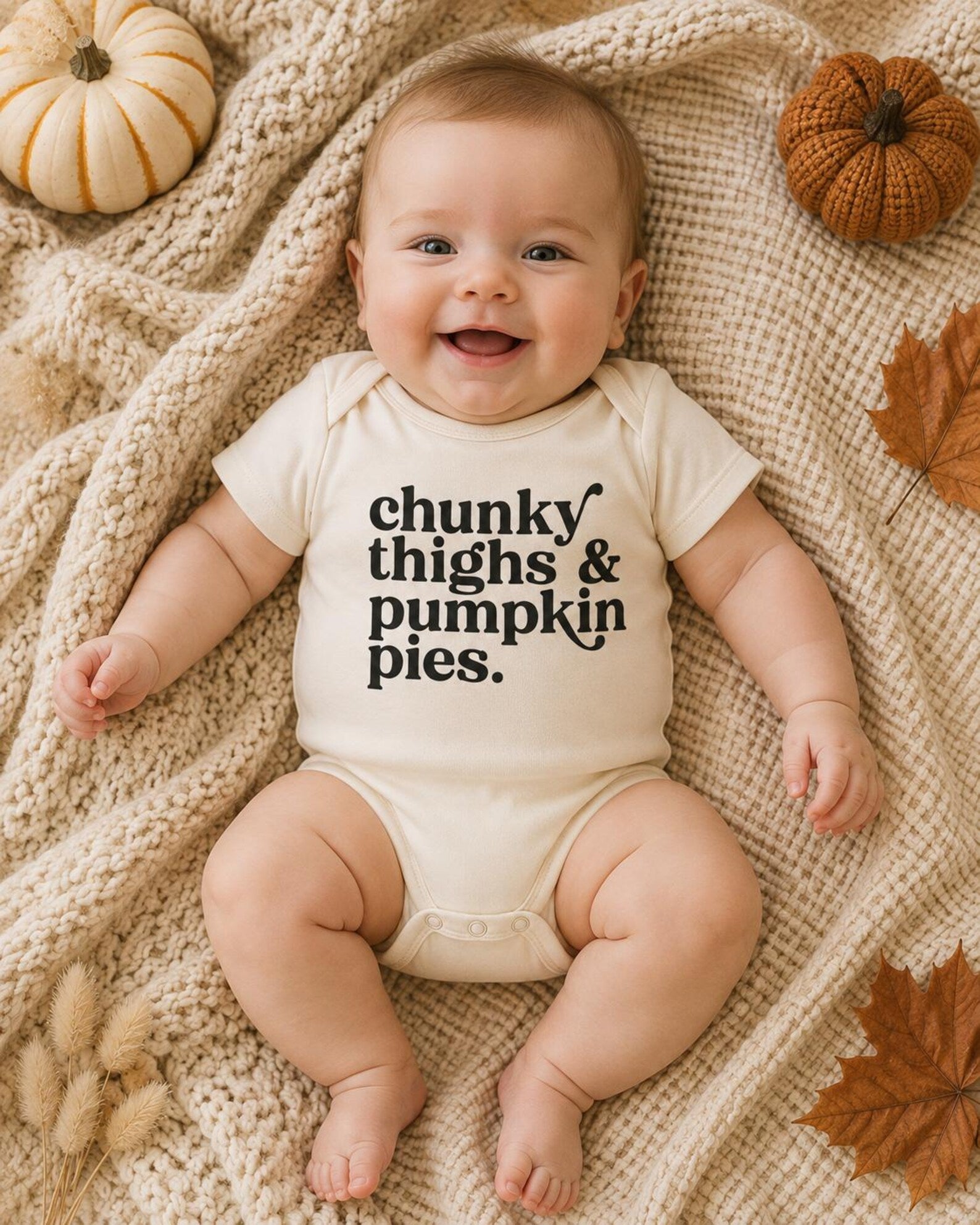 Chunk Thighs & Pumpkin Pies Natural Short Sleeve Fall Outfit for Kids