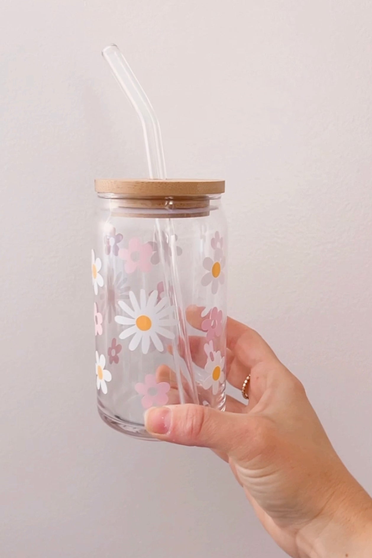 Flower Glass Cup With Bamboo Lid & Glass Straw