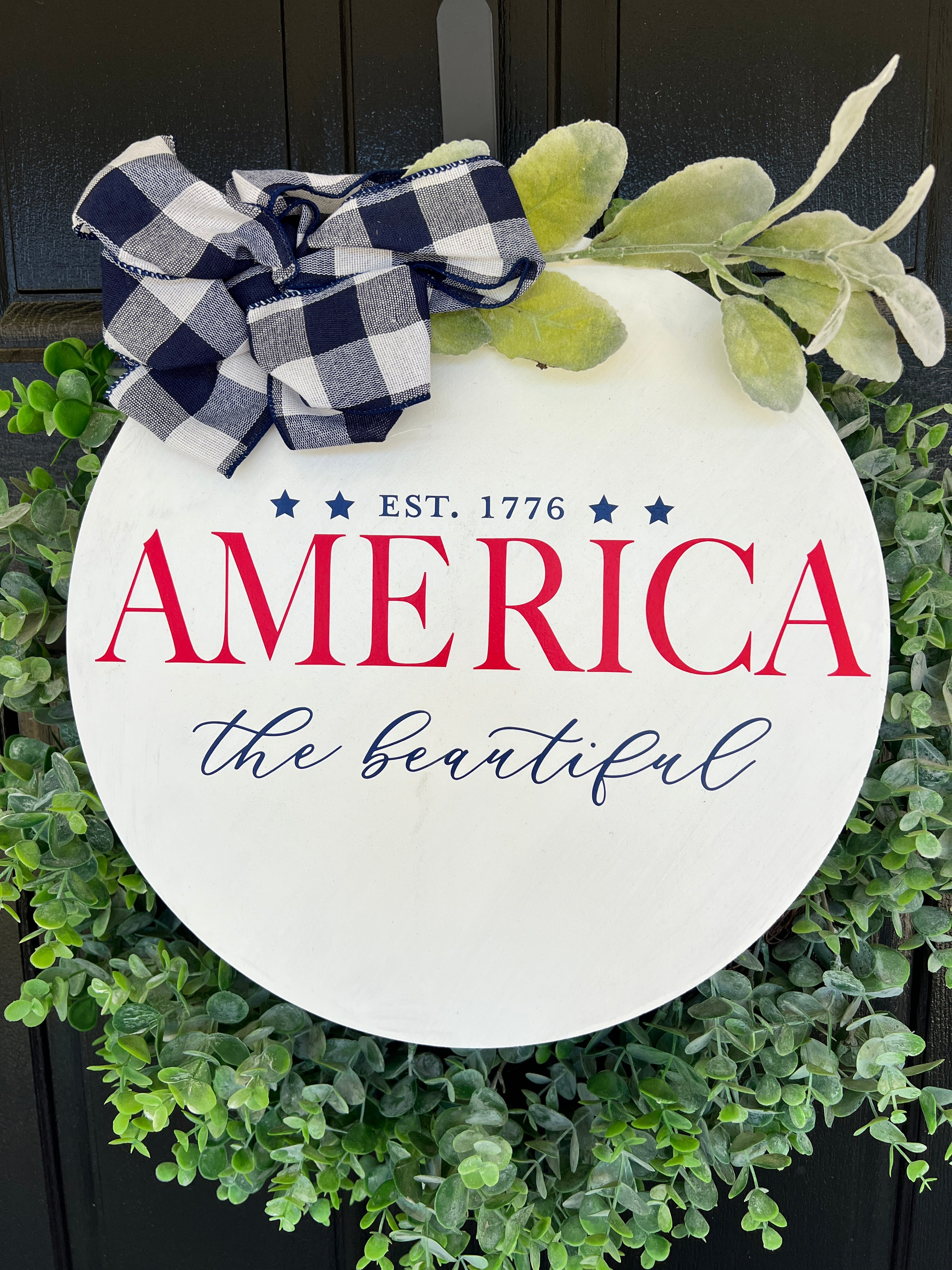 America the Beautiful Fourth of July Red White and Blue Round Decor Sign