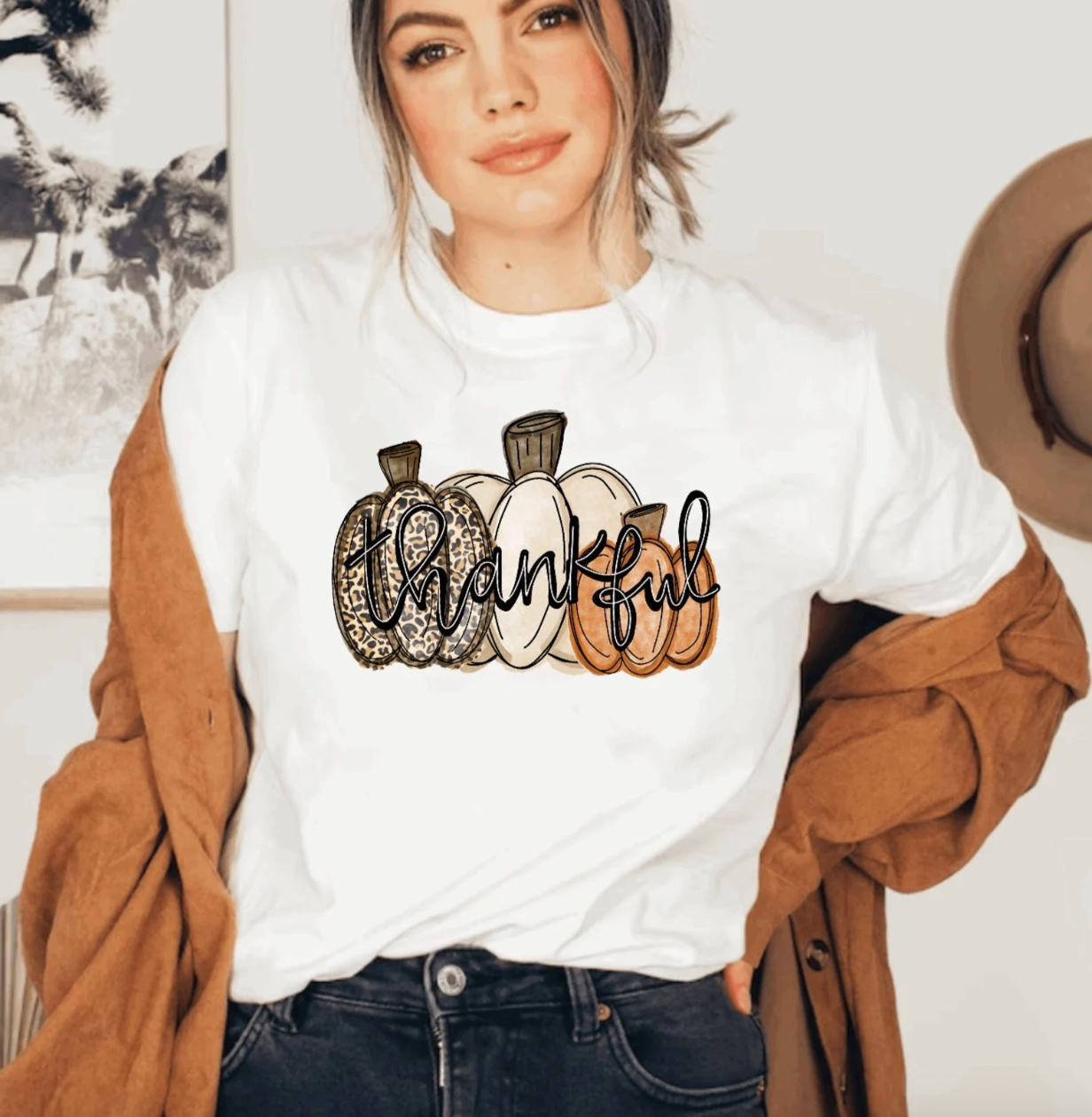 Thankful Leopard Pumpkin White Shirt