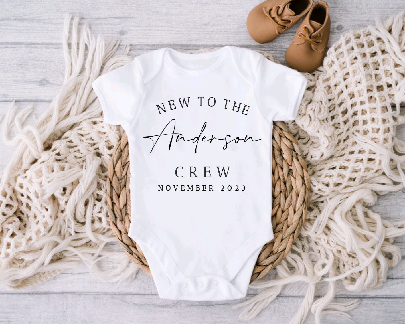 Personalized New To The Crew Baby Announcement White Tee