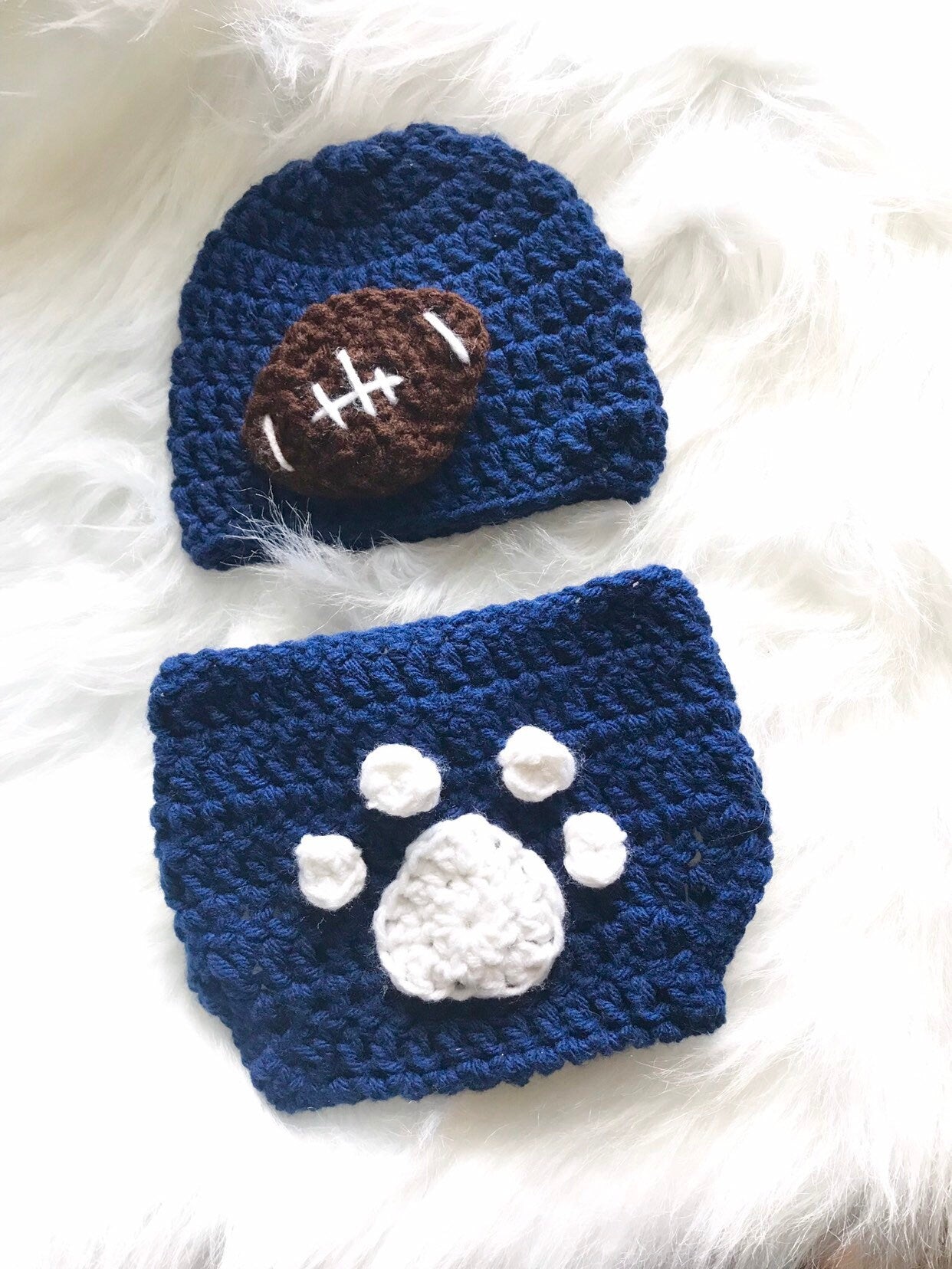 Navy and White Paw Print Hat and Diaper Cover Set