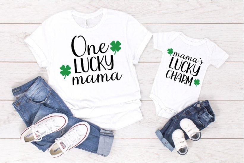 One Lucky Mama and Mama's Lucky Charm Matching Saint Patricks Day White Tees